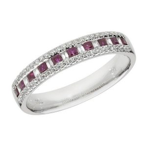Half Eternity Style Princess Cut Ruby and Baguette Diamond 18ct White Gold Ring