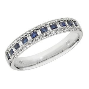 Half Eternity Style Princess Cut Sapphire and Baguette Diamond 18ct White Gold Ring