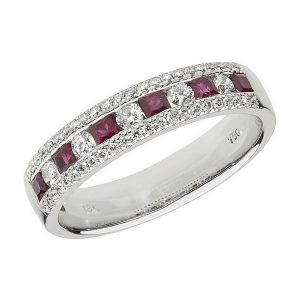 Half Eternity Style Princess Cut Ruby and Round Diamond 18ct White Gold Ring