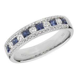 Half Eternity Style Princess Cut Sapphire and Round Diamond 18ct White Gold Ring