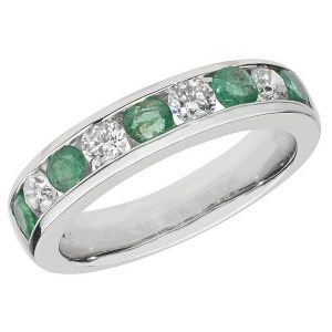 Half Eternity Style Round Cut Emerald and Round Diamond 18ct White Gold Ring