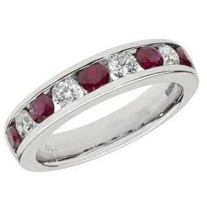 Half Eternity Style Round Cut Ruby and Round Diamond 18ct White Gold Ring