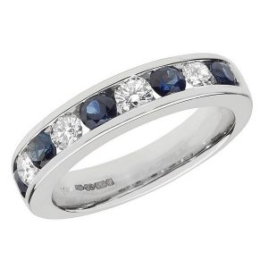 Half Eternity Style Round Cut Sapphire and Round Diamond 18ct White Gold Ring