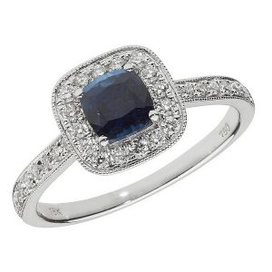 Diamond and Cushion Shaped Sapphire Cluster Ring with Diamond Shoulders in 18ct White Gold