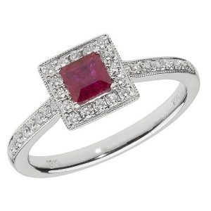 Diamond and Square Shaped Ruby Cluster Ring with Diamond Shoulders in 18ct White Gold
