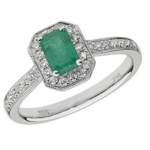 Diamond and Octagon Shaped Emerald Cluster Ring with Diamond Shoulders in 18ct White Gold