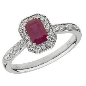 Diamond and Octagon Shaped Ruby Cluster Ring with Diamond Shoulders in 18ct White Gold