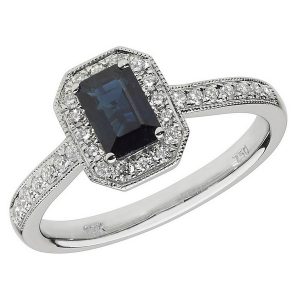 Diamond and Octagon Shaped Sapphire Cluster Ring with Diamond Shoulders in 18ct White Gold