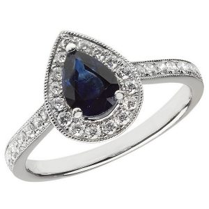 Diamond and Pear Shaped Sapphire Cluster Ring with Diamond Shoulders in 18ct White Gold