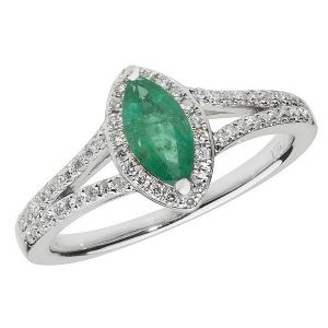 Diamond and Marquise Shaped Emerald Cluster Ring with Split Diamond Shoulders in 18ct White Gold