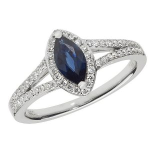 Diamond and Marquise Shaped Sapphire Cluster Ring with Split Diamond Shoulders in 18ct White Gold