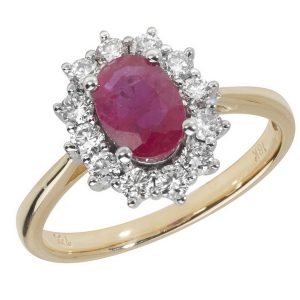 Diamond Cluster Ring with Centre Set Oval Ruby in 18ct Yellow Gold