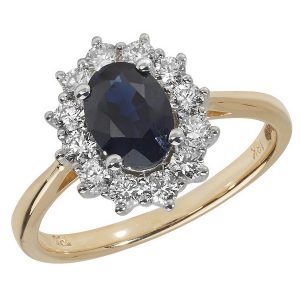 Diamond Cluster Ring with Centre Set Oval Sapphire in 18ct Yellow Gold