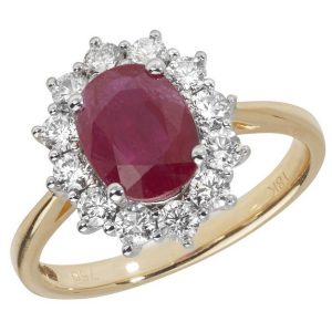 Diamond Cluster Ring with Large Centre Set Oval Ruby in 18ct Yellow Gold