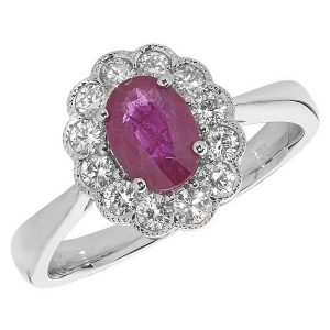 Diamond Cluster Ring with Centre Set Oval Ruby in 18ct White Gold