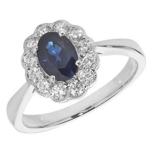 Diamond Cluster Ring with Centre Set Oval Sapphire in 18ct White Gold