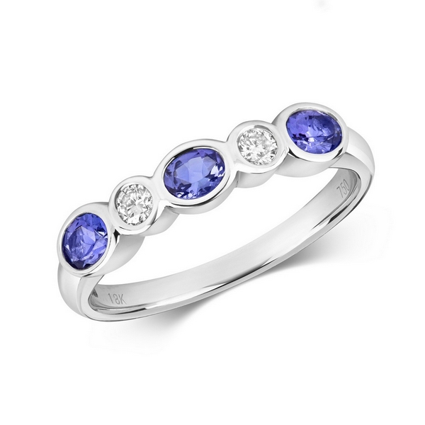 Rubover Set Diamond and Oval Tanzanite Eternity Ring in 18ct White Gold ...