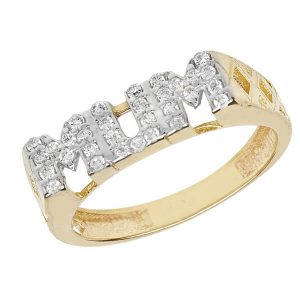 Ladies Basket Sided MUM Ring Set with Czs in 9ct Yellow Gold