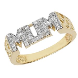 Ladies Basket Sided MUM Ring Set with Czs in 9ct Yellow Gold