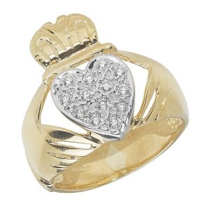 Mens Claddagh Ring with centre set Czs in 9ct Yellow Gold