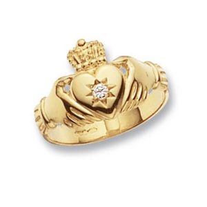 Mens Claddagh Ring with centre set single CZ in 9ct Yellow Gold