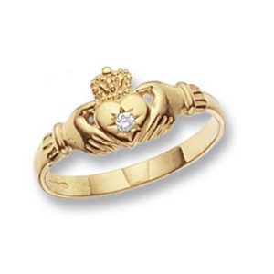 Ladies Claddagh Ring with centre set single CZ in 9ct Yellow Gold