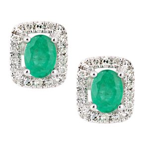 Emerald and Diamond Cushion Shaped Stud Earrings
