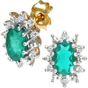 Emerald and Diamond Starburst Cluster Stud Earrings 9ct Yellow Gold