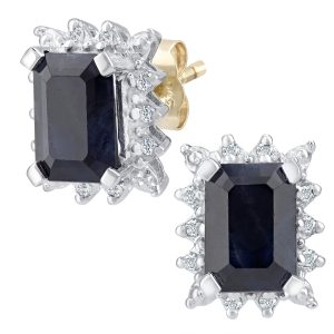 Black Sapphire and Diamond Emerald Cut Stud Earrings - 9ct Yellow Gold