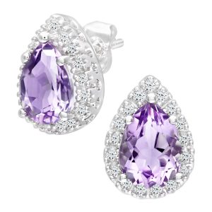 Amethyst and Diamond Pear Shaped Stud Earrings - 9ct White Gold