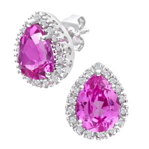 Pink Sapphire and Diamond Pear Shaped Stud Earrings - 9ct White Gold