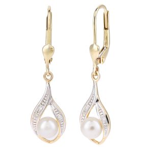 Pearl and Diamond Dropper Earrings - 9ct Yellow Gold