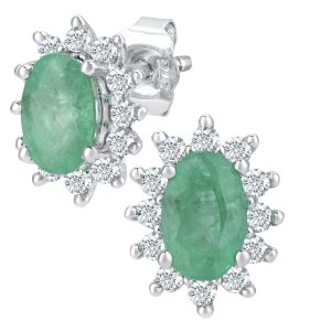 Emerald and Diamond Starburst Cluster Stud Earrings 9ct White Gold