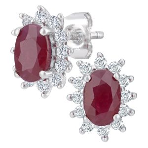 Ruby and Diamond Starburst Cluster Stud Earrings 9ct White Gold