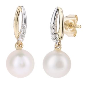 Pearl and Diamond Two Tone Dropper Earrings - 9ct Yellow Gold