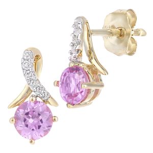 Pink Sapphire and Diamond Crossed Ribbon Stud Earrings - 9ct Yellow Gold