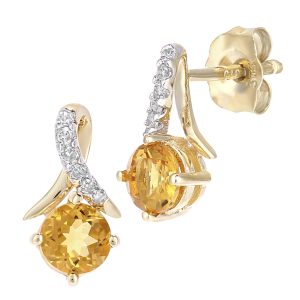 Citrine and Diamond Crossed Ribbon Stud Earrings - 9ct Yellow Gold