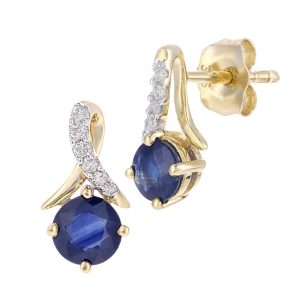 Sapphire and Diamond Crossed Ribbon Stud Earrings - 9ct Yellow Gold