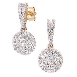 Diamond Round Disk Dropper Earrings - 9ct Yellow Gold