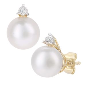 Pearl and Diamond Stud Earrings - 9ct Yellow Gold