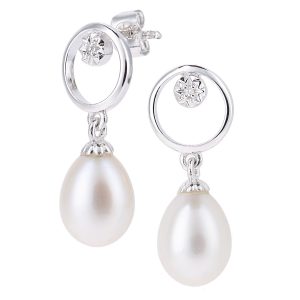 Pearl and Diamond Circle Dropper Earrings - 9ct White Gold