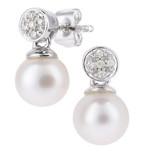 Pearl and Diamond Cluster Stud Earrings - 9ct White Gold