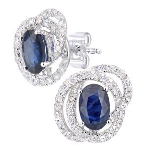 Sapphire and Diamond Orbit Design Stud Earrings - 9ct White Gold