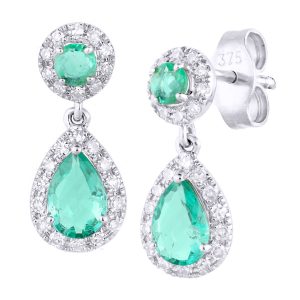 Emerald and Diamond Pear Dropper Earrings - 9ct White Gold