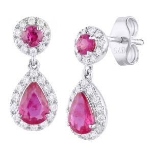 Ruby and Diamond Pear Dropper Earrings - 9ct White Gold