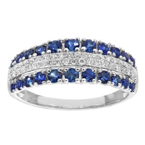 Sapphire and Diamond Triple Row Ring - 9ct White Gold