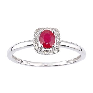 Ruby and Diamond Halo Ring - 9ct White Gold