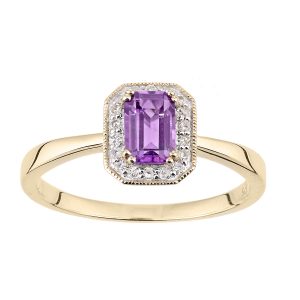Amethyst and Diamond Halo Ring - 9ct Yellow Gold