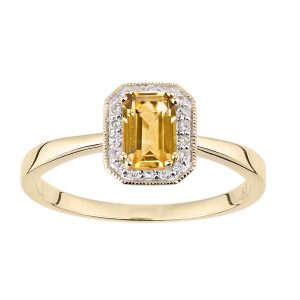 Citrine and Diamond Halo Ring - 9ct Yellow Gold