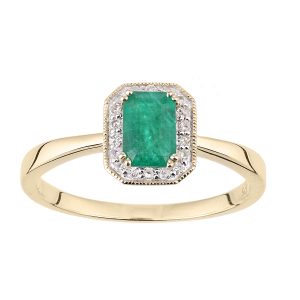 Emerald and Diamond Halo Ring - 9ct Yellow Gold
